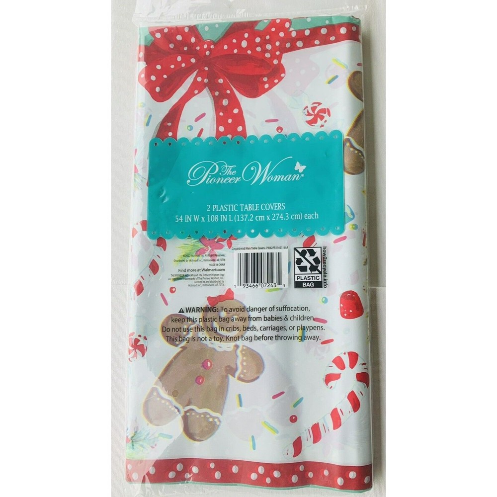 2 The Pioneer Woman Gingerbread Man Plastic Table Covers 54x108 Red Polka Teal - Picture 8 of 14